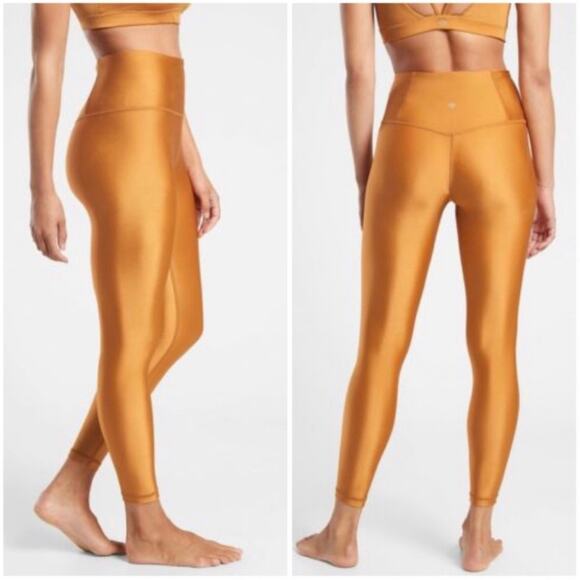 Athleta Elation Shine Tights Leggings Tuscan Gold Metallic Yellow Size XL Yoga - Picture 1 of 9